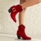 Pointed Toe Buckle Straps Ankle Highs Western Cowboy Style Chunky Boots - Red Flock