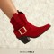 Pointed Toe Buckle Straps Ankle Highs Western Cowboy Style Chunky Boots - Red Flock