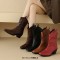 Pointed Toe Ankle Highs Buckle Straps Riding Style Chunky Heels Boots - Red Faux Leather