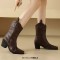 Pointed Toe Ankle Highs Buckle Straps Riding Style Chunky Heels Boots - Brown Faux Leather