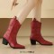 Pointed Toe Ankle Highs Buckle Straps Riding Style Chunky Heels Boots - Red Faux Leather