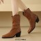 Pointed Toe Ankle Highs Buckle Straps Riding Style Chunky Heels Boots - Yellow Brown Faux Leather