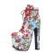 Round Toe Block Heels Printed Platforms Lace Up Flowers Ankle Highs Platform Boots - Red Faux Leather