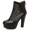 Round Toe Cuban Heels Sexy Back Zipper Low Platforms Summer Boots - Black Faux Leather