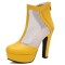 Round Toe Cuban Heels Sexy Back Zipper Low Platforms Summer Boots - Yellow Faux Leather