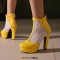 Round Toe Cuban Heels Sexy Back Zipper Low Platforms Summer Boots - Yellow Faux Leather