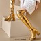 Square Toe Chunky Heels Side Zipper Over The Knees Thigh Highs Glossy Boots - Gold Patent