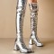 Square Toe Chunky Heels Side Zipper Over The Knees Thigh Highs Glossy Boots - Silver Patent