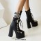 Round Toe Platforms Gothic Straps Platforms Lace Up Chunky Heels Ankle Highs Motorcycle Boots - Black Faux Leather