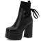 Square Toe Chunky Heels Decorated Socks with Double Platforms Boots - Black Faux Leather