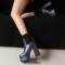Square Toe Chunky Heels Decorated Socks with Double Platforms Boots - Blue Faux Leather