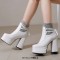 Square Toe Chunky Heels Decorated Socks with Double Platforms Boots - White Faux Leather