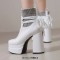 Square Toe Chunky Heels Decorated Socks with Double Platforms Boots - White Faux Leather
