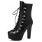 Round Toe Cuban Heels Side Zipper Ankle Highs Lace Up Low Platforms Boots - Black Faux Leather