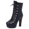 Round Toe Cuban Heels Side Zipper Ankle Highs Lace Up Low Platforms Boots - Blue Faux Leather