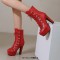 Round Toe Cuban Heels Side Zipper Ankle Highs Lace Up Low Platforms Boots - Red Faux Leather