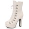 Round Toe Cuban Heels Side Zipper Ankle Highs Lace Up Low Platforms Boots - White Faux Leather