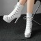 Round Toe Cuban Heels Side Zipper Ankle Highs Lace Up Low Platforms Boots - White Faux Leather