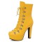 Round Toe Cuban Heels Side Zipper Ankle Highs Lace Up Low Platforms Boots - Yellow Faux Leather
