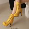 Round Toe Cuban Heels Side Zipper Ankle Highs Lace Up Low Platforms Boots - Yellow Faux Leather