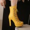 Round Toe Cuban Heels Side Zipper Ankle Highs Lace Up Low Platforms Boots - Yellow Faux Leather