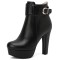 Round Toe Cuban Heels Side Zipper Ankle Highs Decorated Straps Low Platforms Boots - Black Faux Leather