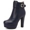 Round Toe Cuban Heels Side Zipper Ankle Highs Decorated Straps Low Platforms Boots - Blue Faux Leather