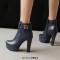 Round Toe Cuban Heels Side Zipper Ankle Highs Decorated Straps Low Platforms Boots - Blue Faux Leather