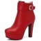 Round Toe Cuban Heels Side Zipper Ankle Highs Decorated Straps Low Platforms Boots - Red Faux Leather