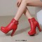 Round Toe Cuban Heels Side Zipper Ankle Highs Decorated Straps Low Platforms Boots - Red Faux Leather