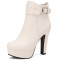 Round Toe Cuban Heels Side Zipper Ankle Highs Decorated Straps Low Platforms Boots - White Faux Leather