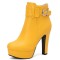 Round Toe Cuban Heels Side Zipper Ankle Highs Decorated Straps Low Platforms Boots - Yellow Faux Leather