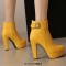 Round Toe Cuban Heels Side Zipper Ankle Highs Decorated Straps Low Platforms Boots - Yellow Faux Leather