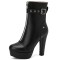 Round Toe Cuban Heels Front Zipper Ankle Highs Decorated Straps Low Platforms Boots - Black Faux Leather