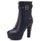 Round Toe Cuban Heels Front Zipper Ankle Highs Decorated Straps Low Platforms Boots - Blue Faux Leather