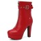 Round Toe Cuban Heels Front Zipper Ankle Highs Decorated Straps Low Platforms Boots - Red Faux Leather