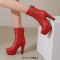 Round Toe Cuban Heels Front Zipper Ankle Highs Decorated Straps Low Platforms Boots - Red Faux Leather