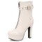 Round Toe Cuban Heels Front Zipper Ankle Highs Decorated Straps Low Platforms Boots - White Faux Leather