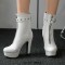 Round Toe Cuban Heels Front Zipper Ankle Highs Decorated Straps Low Platforms Boots - White Faux Leather
