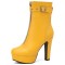 Round Toe Cuban Heels Front Zipper Ankle Highs Decorated Straps Low Platforms Boots - Yellow Faux Leather
