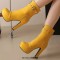 Round Toe Cuban Heels Front Zipper Ankle Highs Decorated Straps Low Platforms Boots - Yellow Faux Leather
