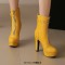 Round Toe Cuban Heels Front Zipper Ankle Highs Decorated Straps Low Platforms Boots - Yellow Faux Leather