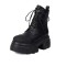 Round Toe Lace Up Platforms Chunky Heels Ankle High Side Zipper Boots  - Black Faux Leather