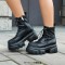 Round Toe Lace Up Platforms Chunky Heels Ankle High Side Zipper Boots  - Black Faux Leather