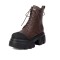 Round Toe Lace Up Platforms Chunky Heels Ankle High Side Zipper Boots  - Brown Faux Leather