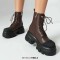 Round Toe Lace Up Platforms Chunky Heels Ankle High Side Zipper Boots  - Brown Faux Leather