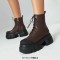 Round Toe Lace Up Platforms Chunky Heels Ankle High Side Zipper Boots  - Brown Faux Leather