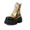 Round Toe Lace Up Platforms Chunky Heels Ankle High Side Zipper Metallic Boots  - Gold Faux Leather