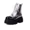 Round Toe Lace Up Platforms Chunky Heels Ankle High Side Zipper Metallic Boots  - Silver Faux Leather