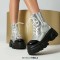 Round Toe Lace Up Platforms Chunky Heels Ankle High Side Zipper Metallic Boots  - Silver Faux Leather